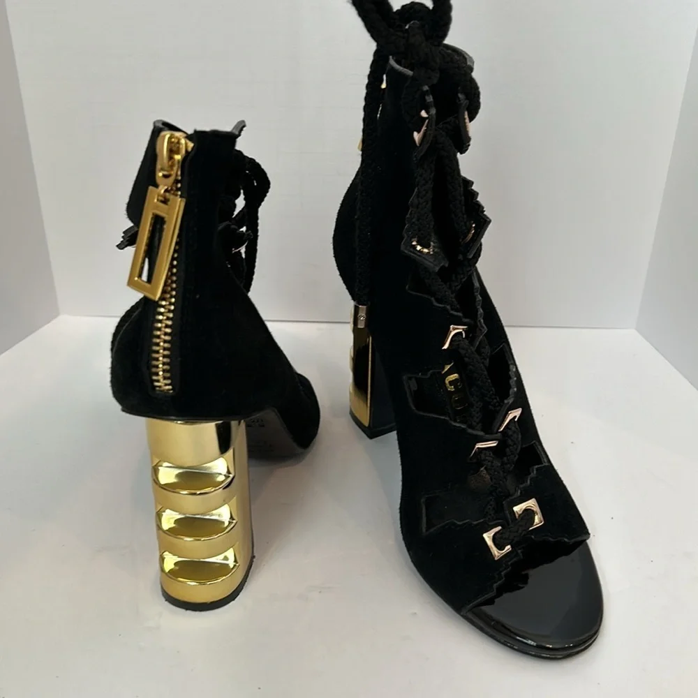 KAT MACONIE Betsy Suede Black Sandals Gold Heels Lace Up women’s size 5.5
